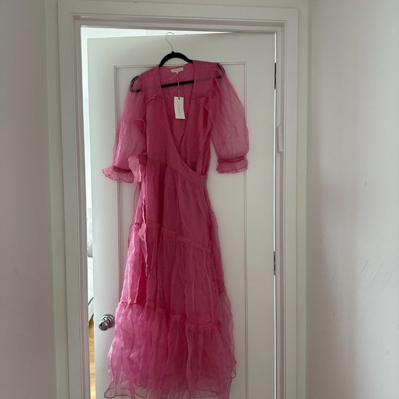 LoveShackFancy Stormi Maxi Dress Sz M Pink Silk Chiffon Wrap Style Tiered Skirt - Picture 7 of 12
